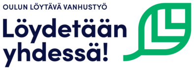 Oulun löytävä vanhustyö, Löydetään yhdessä! Tekstin vasemmalla puolella vihreä lehtikuvio
